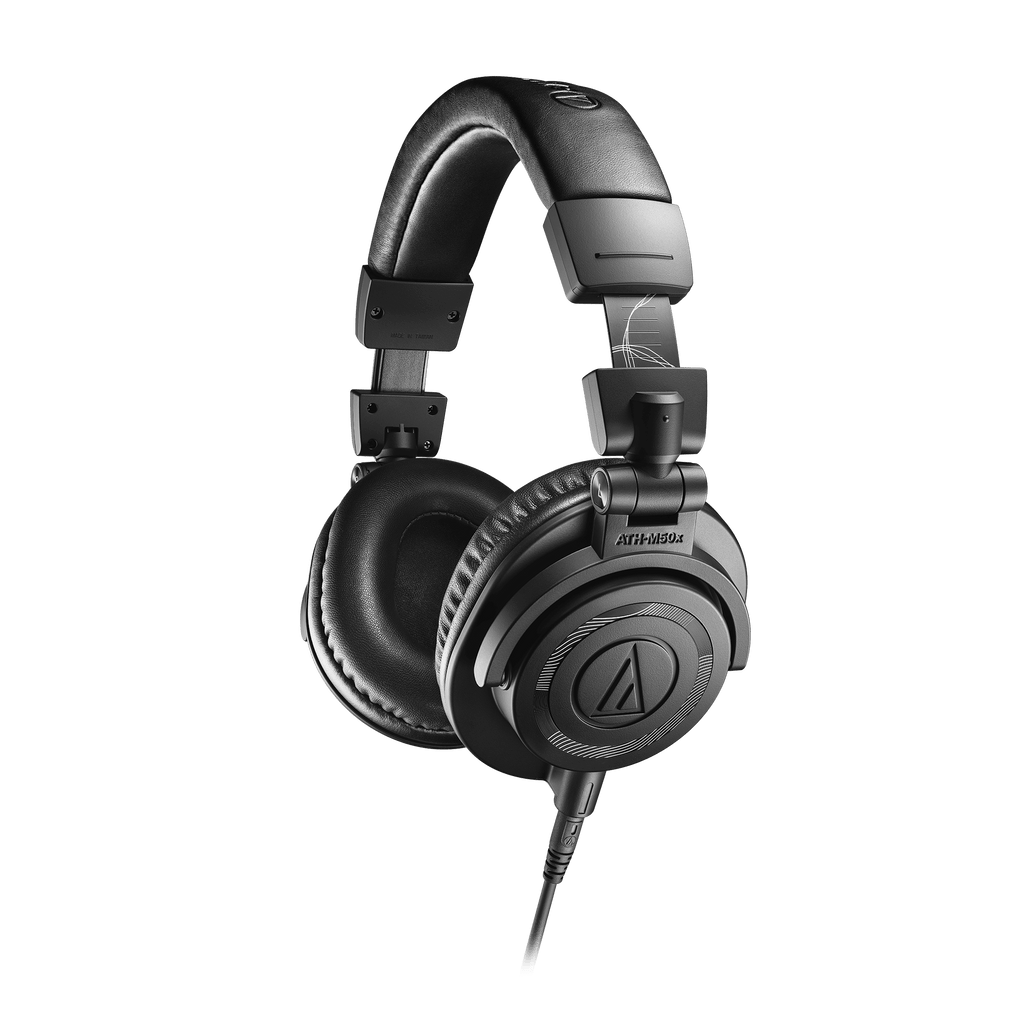Black over-ear headphones with cushioned ear cups and adjustable headband connected by a coiled cable.