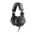 Black over-ear headphones with cushioned ear cups and adjustable headband connected by a coiled cable.