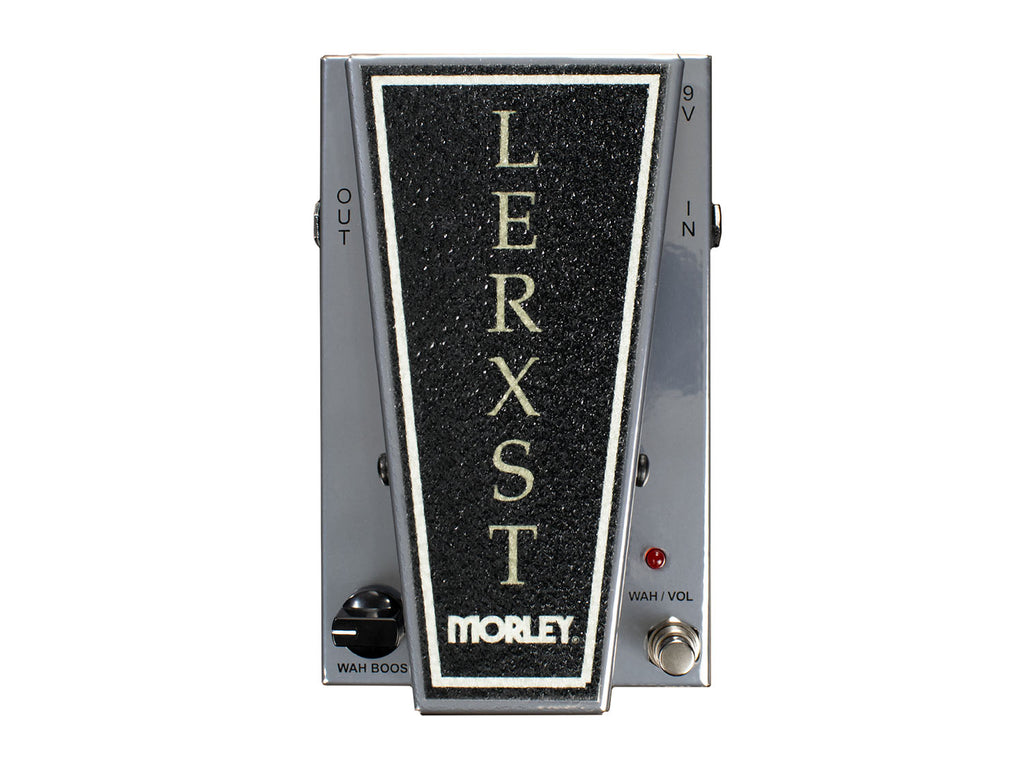 Top view of a Lerxst Morley expression pedal with input/output jacks, footswitch, toggle switch, and LED indicator.