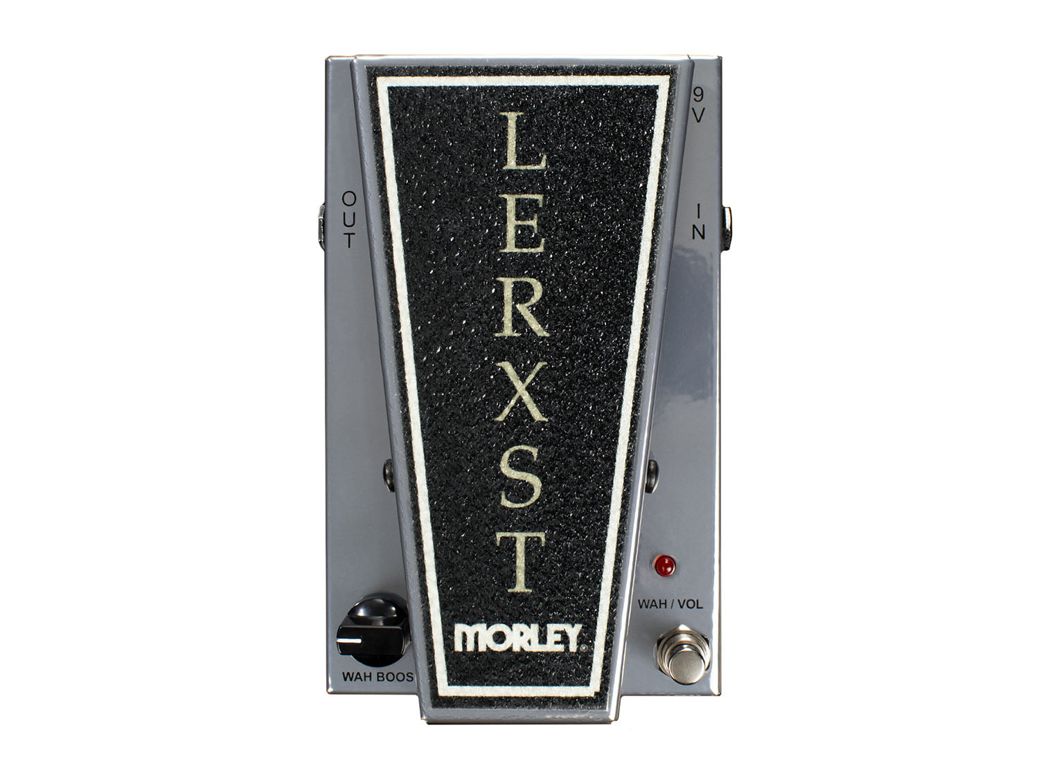 Top view of a Lerxst Morley expression pedal with input/output jacks, footswitch, toggle switch, and LED indicator.