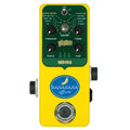 Yellow guitar effects pedal with green control panel and blue logo labeled Aurora with knobs and a toggle switch.