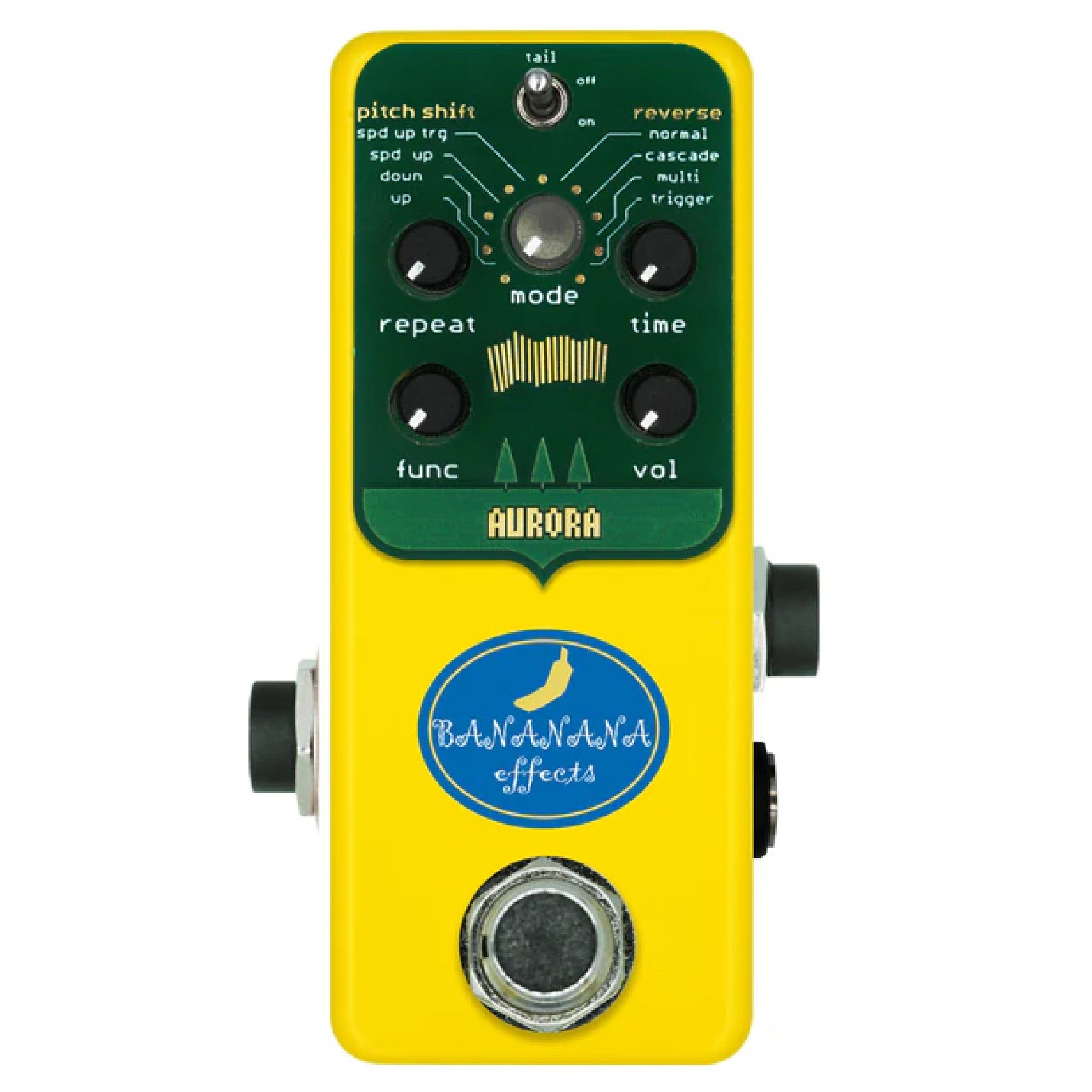 Yellow guitar effects pedal with green control panel and blue logo labeled Aurora with knobs and a toggle switch.