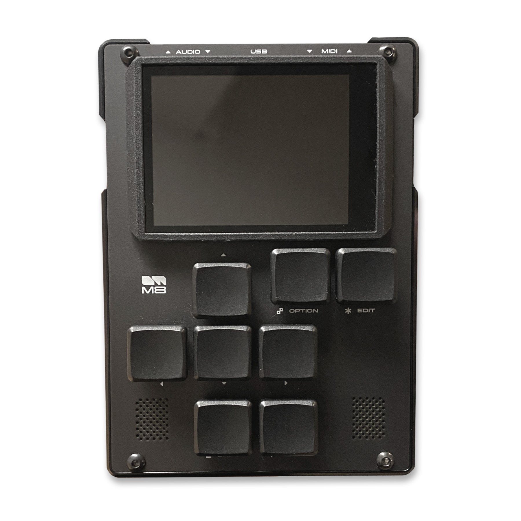 Black device with screen, eight square pads, and buttons labeled OPTION and EDIT on the front.