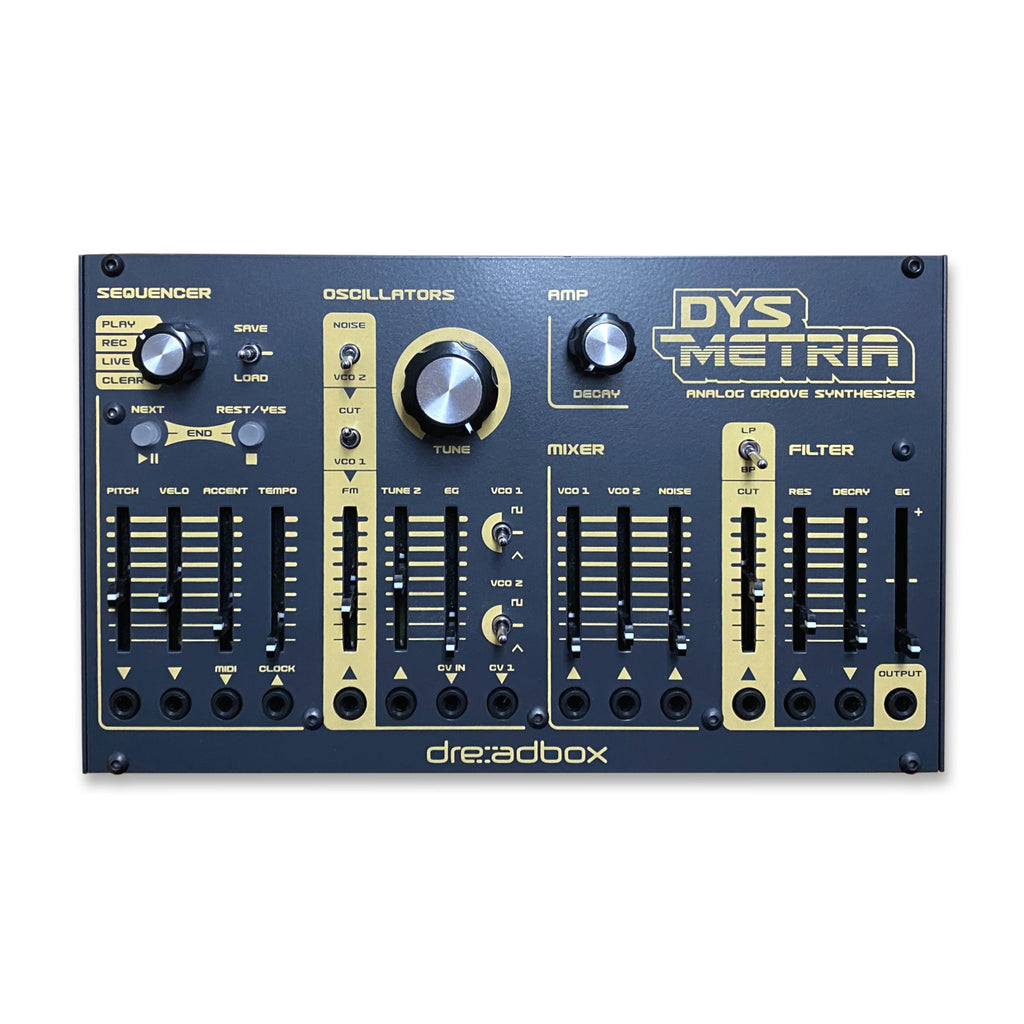 Black and gold Dreadbox Dysmetria synthesizer module with knobs, sliders, switches, and jacks on front panel.