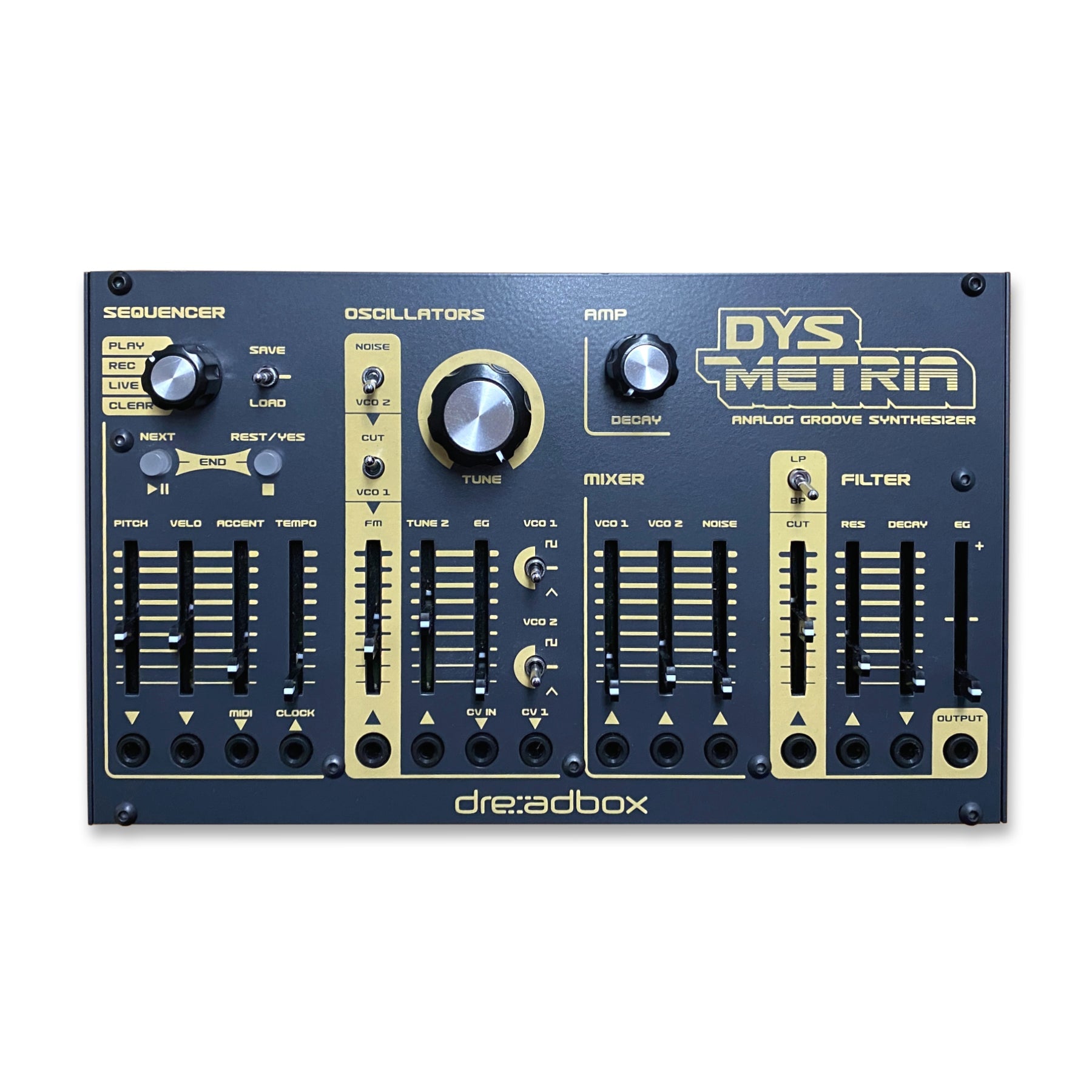 Black and gold Dreadbox Dysmetria synthesizer module with knobs, sliders, switches, and jacks on front panel.