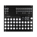 Front panel of a black eurorack module with multiple push buttons, knobs, 3.5mm jacks, LEDs, and a three-digit display.