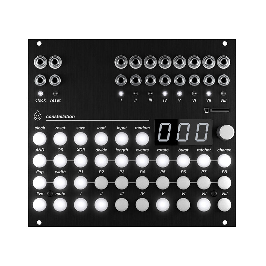 Front panel of a black eurorack module with multiple push buttons, knobs, 3.5mm jacks, LEDs, and a three-digit display.