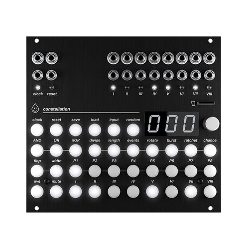 Front panel of a black eurorack module with multiple push buttons, knobs, 3.5mm jacks, LEDs, and a three-digit display.