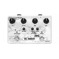White guitar effects pedal with multiple black knobs and artistic drawing on the surface.