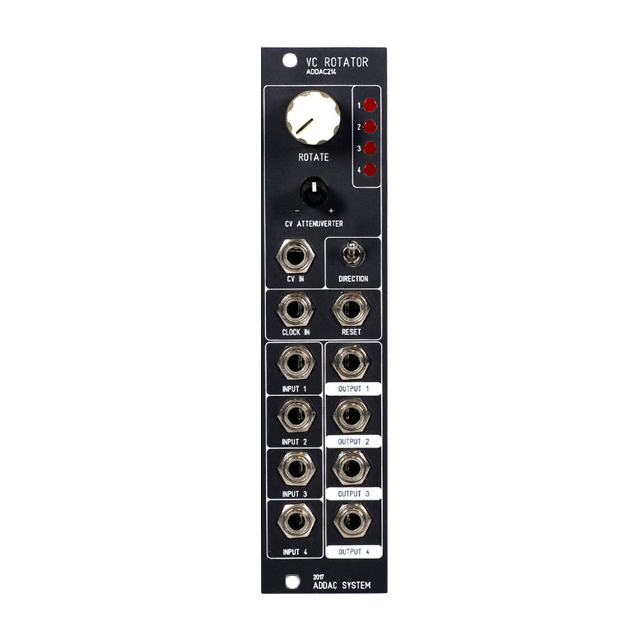 Black modular synthesizer panel with controls, jacks labeled as inputs and outputs, and LED indicators.