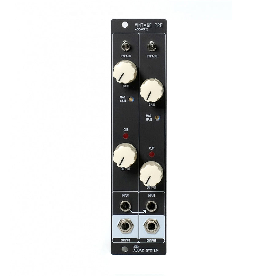Black Eurorack audio module with two identical sections each having toggle switch, two knobs and audio input/output jacks.
