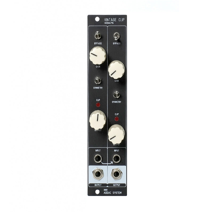 Black ADDAC System module with two vertical sections each having knobs, toggle switches, LEDs, and input/output jacks.