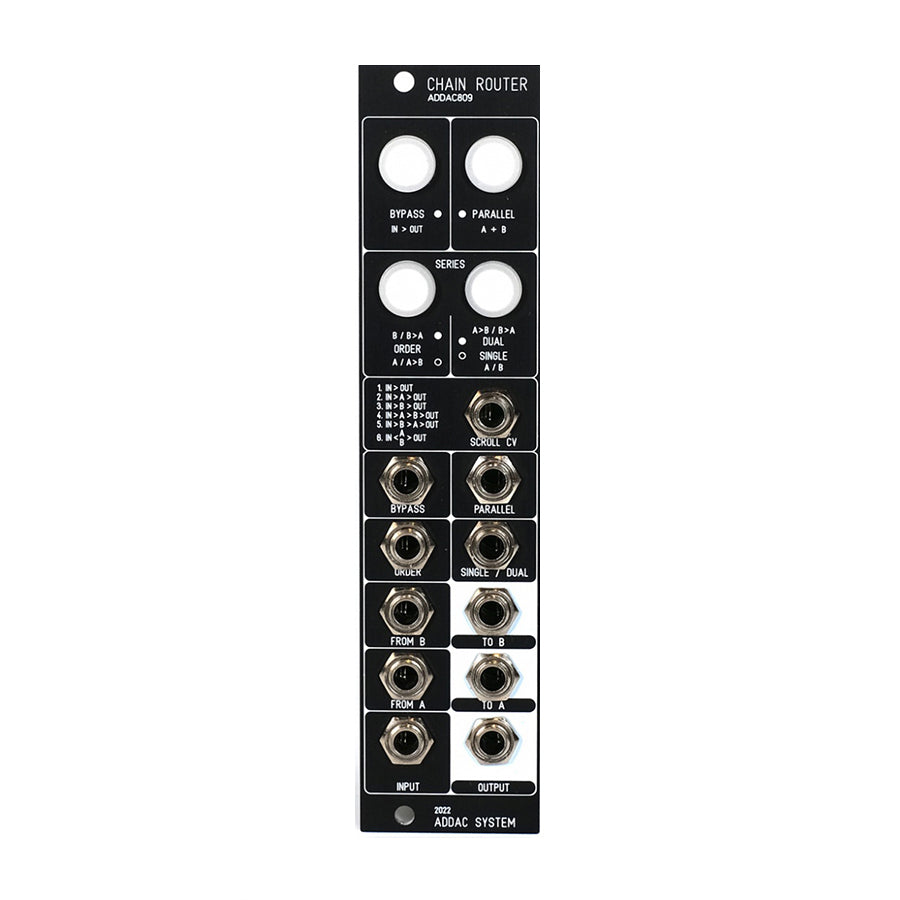 Black ADDAC System ADDAC809 Chain Router eurorack module with buttons and multiple 3.5mm jacks.