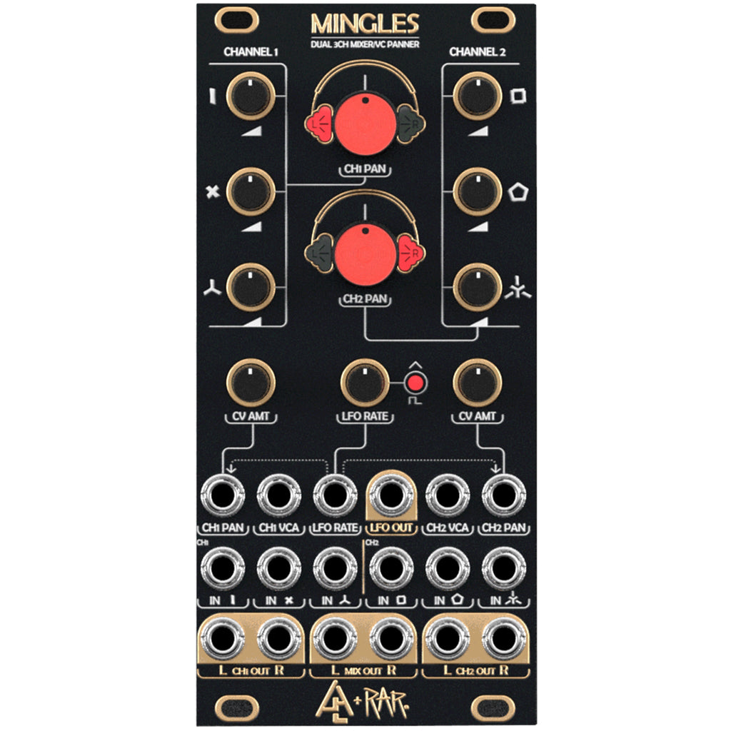 Black modular synth panel with knobs and 3.5mm jacks labeled for dual channel mixing and panning.