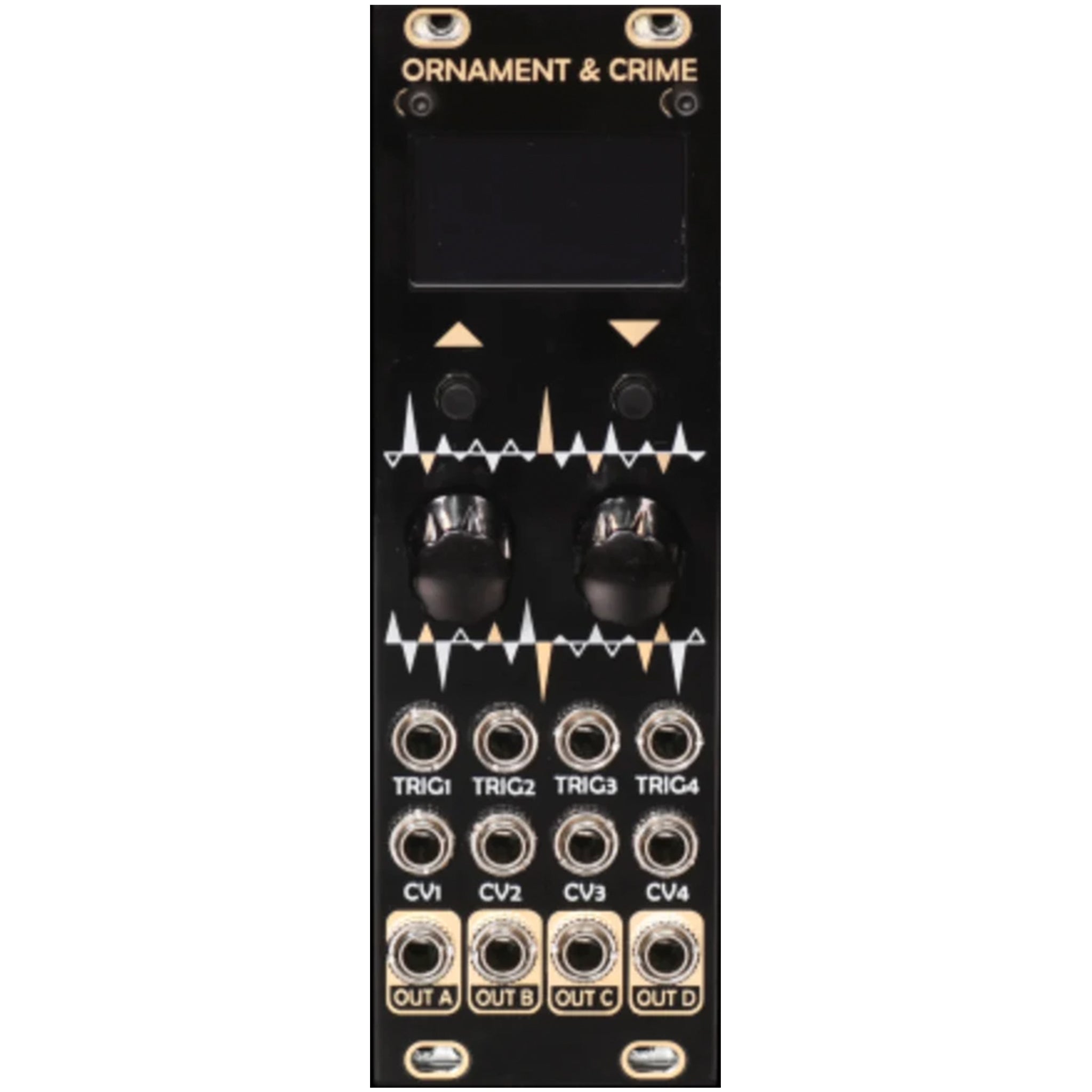 Black modular synthesizer module with screen, knobs, buttons, multiple jacks labeled TRIG, CV, and OUT, plus two USB-C ports.