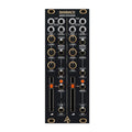 Black eurorack mixer expander module with knobs, toggle switches, slide faders, and multiple 3.5mm jacks.