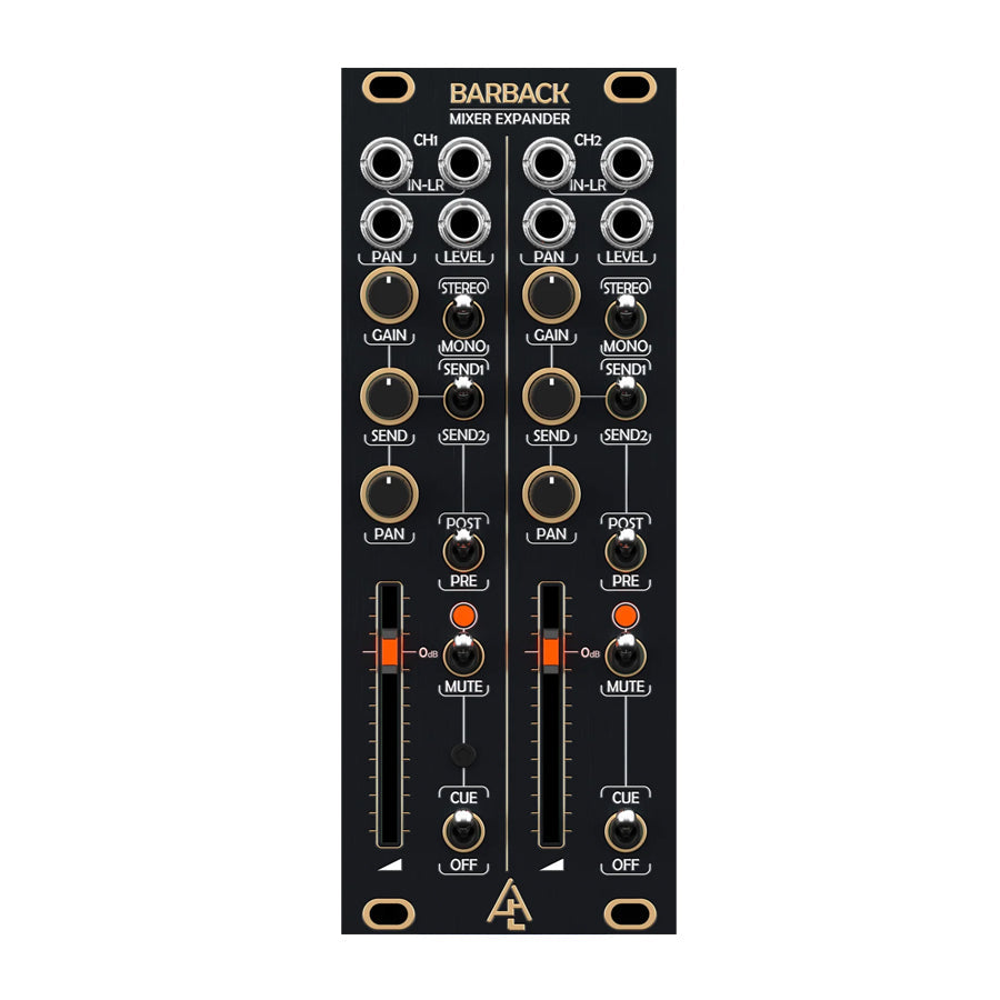 Black eurorack mixer expander module with knobs, toggle switches, slide faders, and multiple 3.5mm jacks.