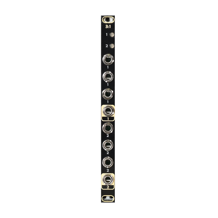 Slim black eurorack module with multiple 6.35mm jacks and two small knobs labeled 1 and 2.