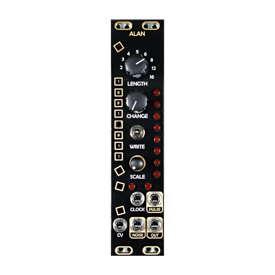Black eurorack module with knobs, toggle switch, push button, LEDs, and multiple 3.5mm jacks labeled with audio and control terms.