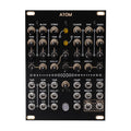 Black modular synthesizer Eurorack module called ATOM with multiple knobs, jacks, and two yellow indicator LEDs.