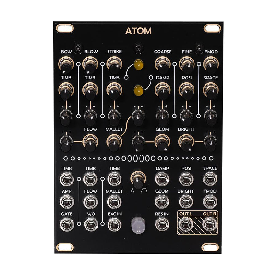 Black modular synthesizer Eurorack module called ATOM with multiple knobs, jacks, and two yellow indicator LEDs.