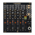 Black stereo production mixer module with four channels, sliders, knobs, and multiple jack inputs and outputs.