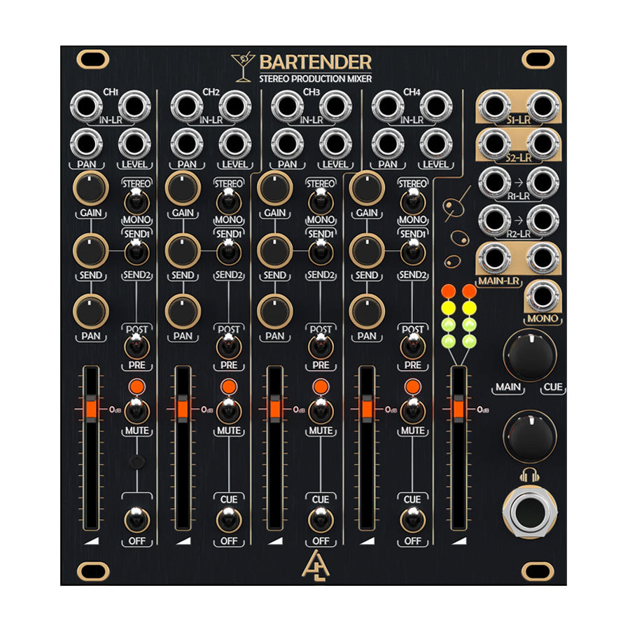 Black stereo production mixer module with four channels, sliders, knobs, and multiple jack inputs and outputs.