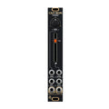 Black modular synth panel with panning knob, vertical fader, and multiple 3.5mm audio jacks labeled for pan, level, inputs, and outputs.