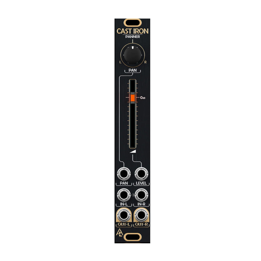 Black modular synth panel with panning knob, vertical fader, and multiple 3.5mm audio jacks labeled for pan, level, inputs, and outputs.