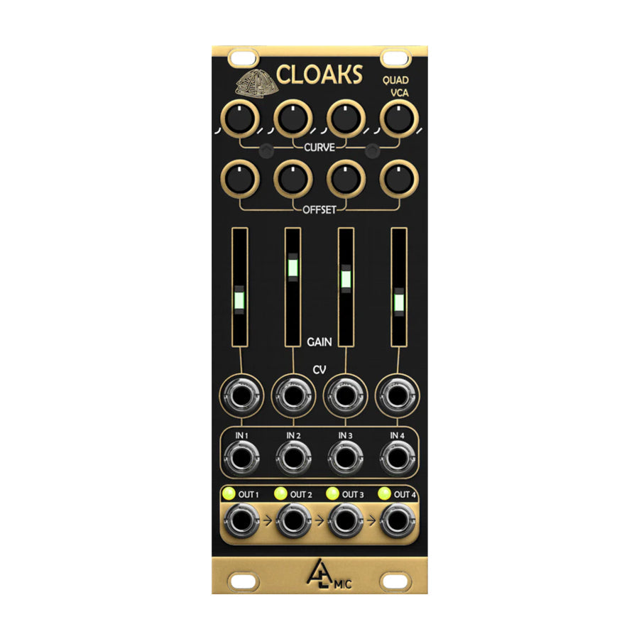 Eurorack module with four rotary knobs, four sliders, and multiple jack sockets labeled for inputs and outputs