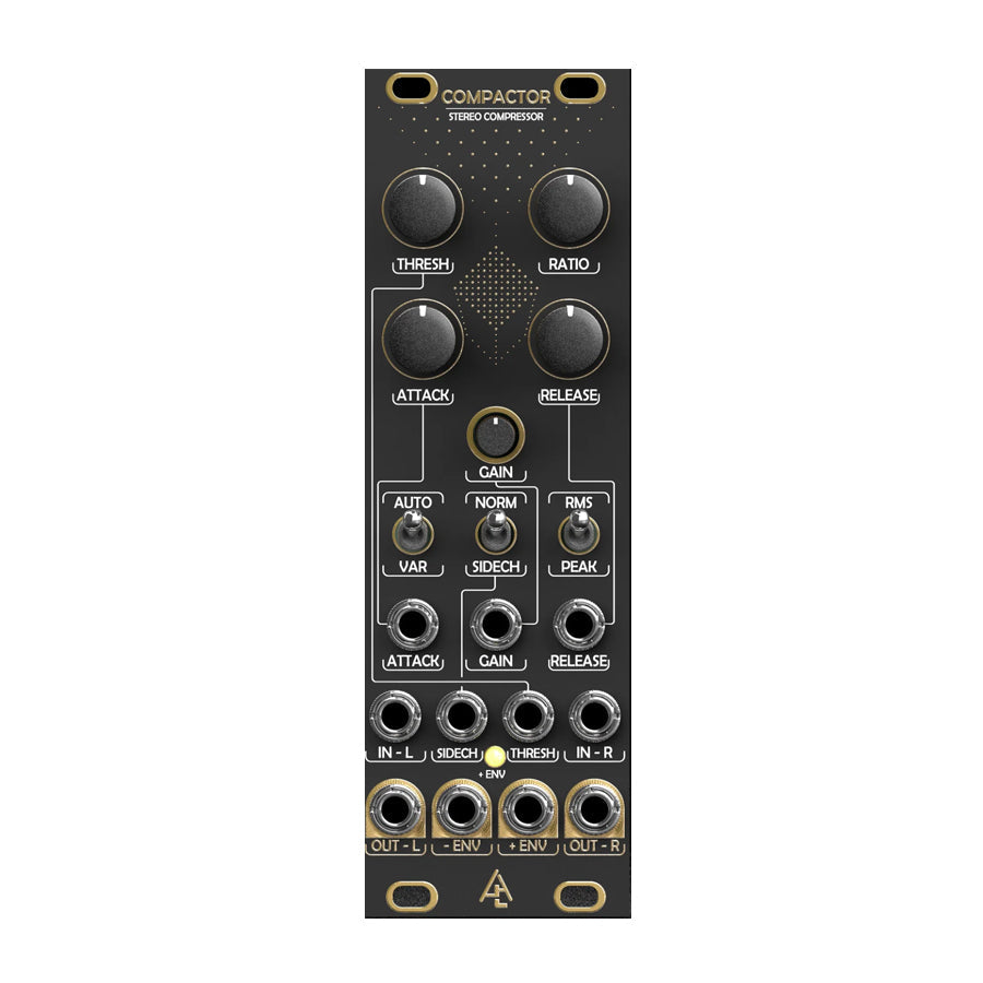 Black eurorack stereo compressor module with knobs, toggle switches, and multiple 3.5mm audio jacks.