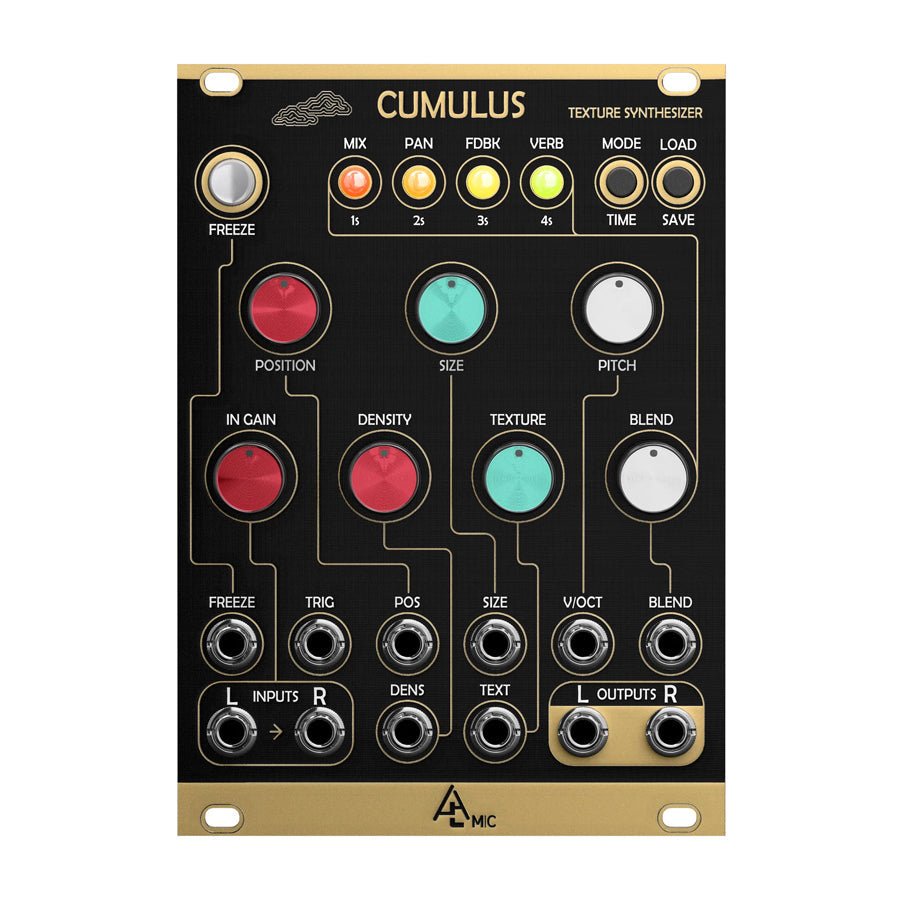 Front panel of a Cumulus texture synthesizer module with knobs, buttons, and patch cables jacks for audio and control signals.