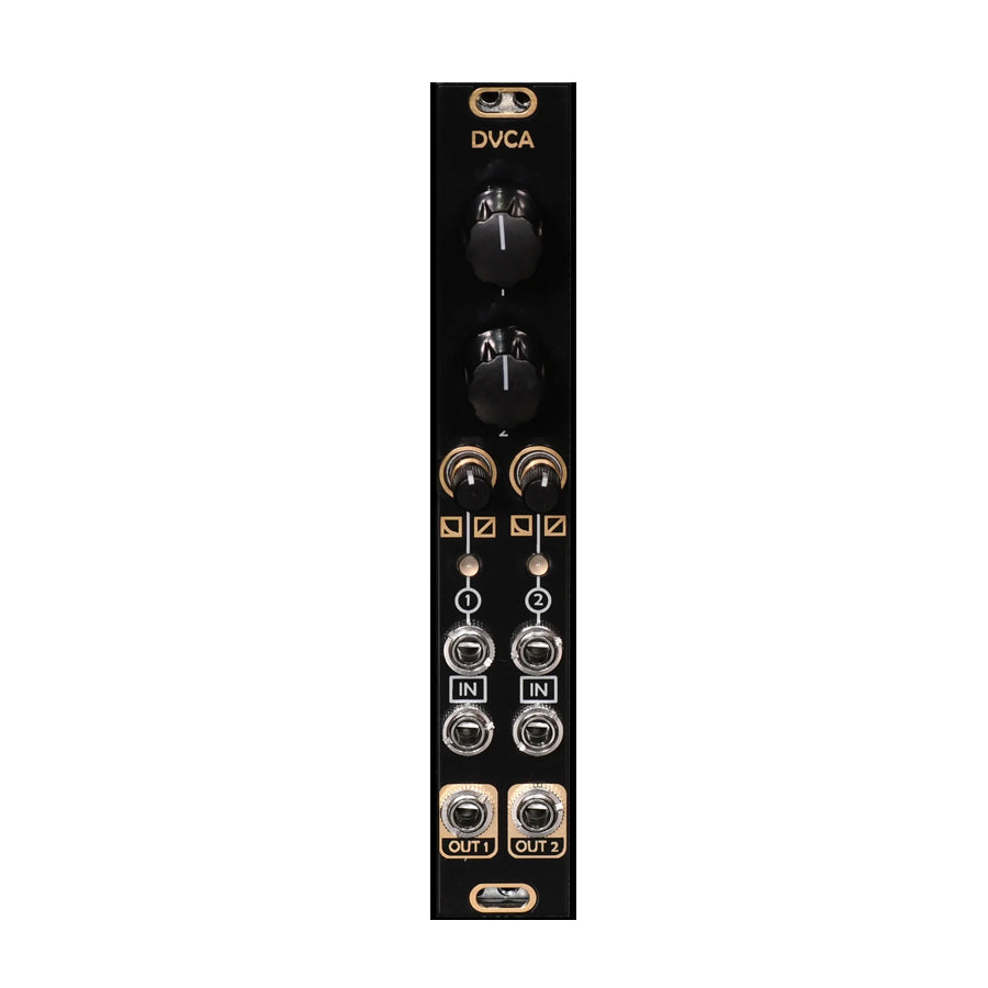 Black electronic module with two large knobs, four small knobs, and multiple 3.5mm jacks labeled IN and OUT