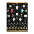 Black and gold modular synthesizer panel with knobs, buttons, and multiple 3.5mm audio jacks labeled Dice Random Sampler.