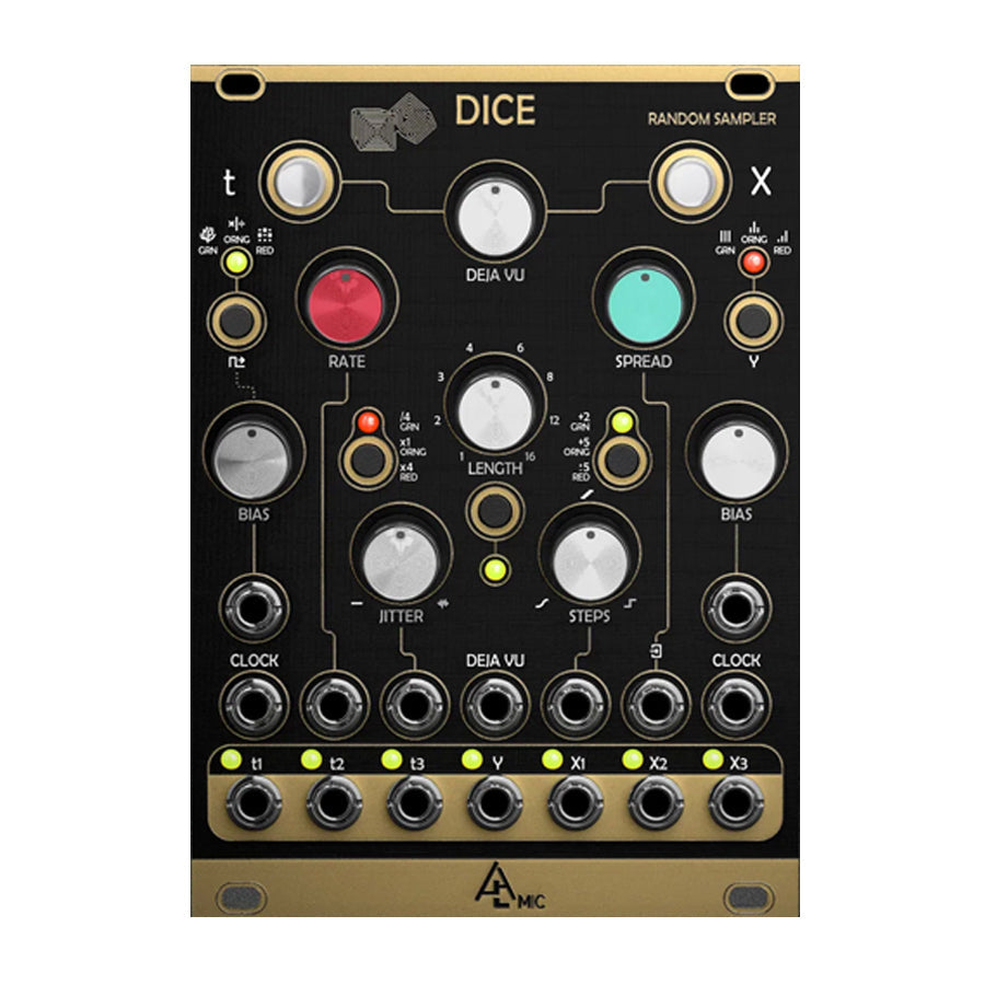 Black and gold modular synthesizer panel with knobs, buttons, and multiple 3.5mm audio jacks labeled Dice Random Sampler.