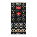 Black eurorack module with knobs and multiple 3.5mm audio jacks labeled for mixing and panning channels.