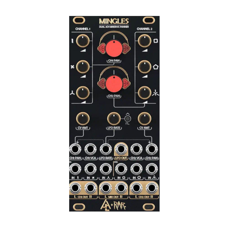 Black eurorack module with knobs and multiple 3.5mm audio jacks labeled for mixing and panning channels.