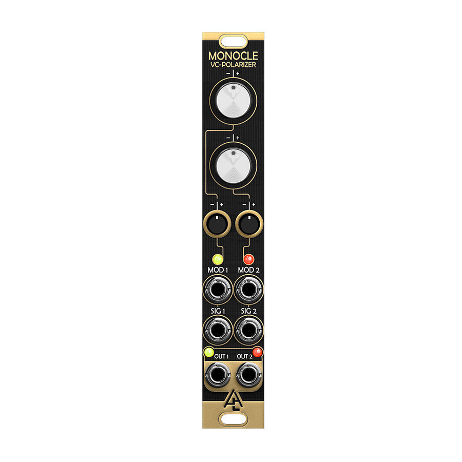 Slim eurorack module with two large knobs, two small knobs, six audio jacks, and LED indicators labeled Mod 1, Mod 2, Sig 1, Sig 2, Out 1, Out 2.