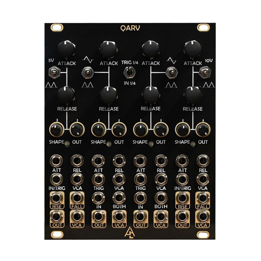 Black eurorack module with knobs, toggle switches, and multiple 3.5mm jacks labeled for attack, release, shape, and various inputs/outputs.