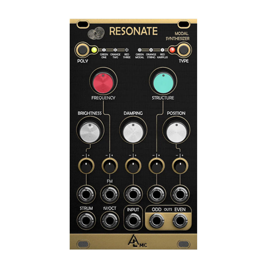 After Later Audio Resonate eurorack module with knobs, toggle switches, and multiple 3.5mm jacks for audio synthesis control.