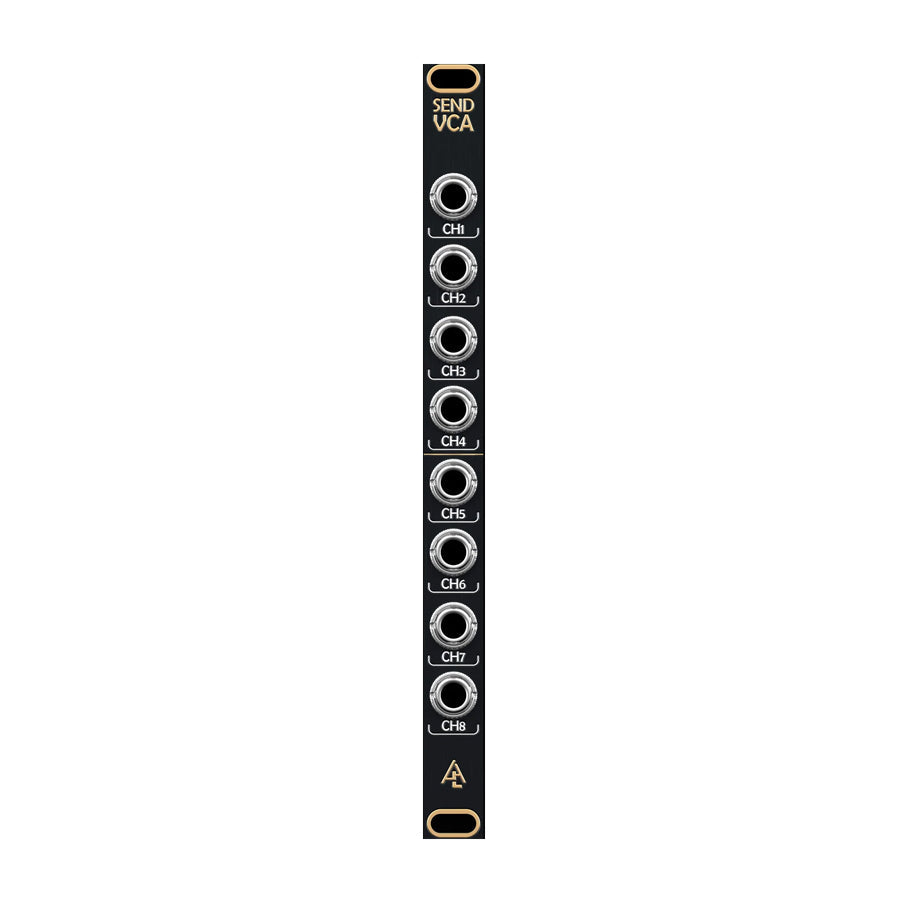 Black eurorack module panel with eight labeled 1/8 inch audio jacks labeled CH1 to CH8 and gold text.