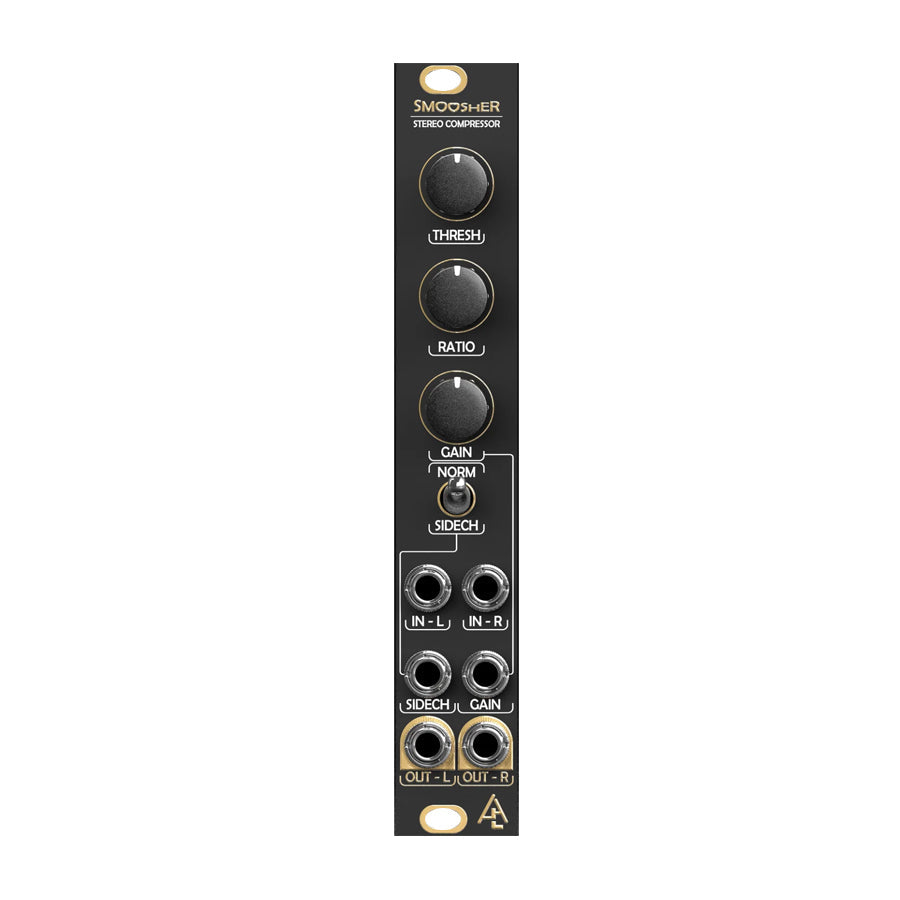 Black eurorack module with three knobs, one toggle switch, and six audio jacks labeled for stereo compression