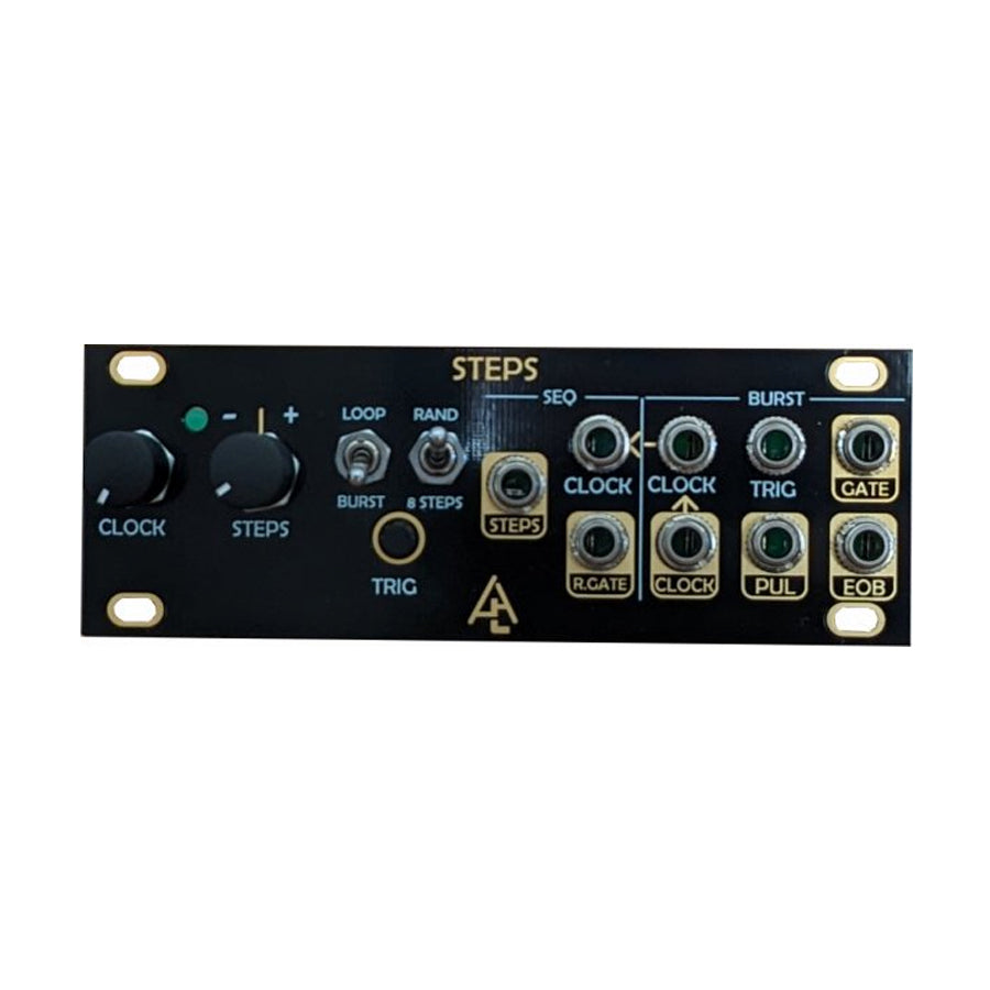Black modular synthesizer panel labeled STEPS with knobs, toggle switches, and multiple 3.5mm jacks.
