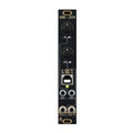 Black eurorack module with USB port, two knobs, and four 3.5mm audio jacks labeled for left and right inputs and outputs.