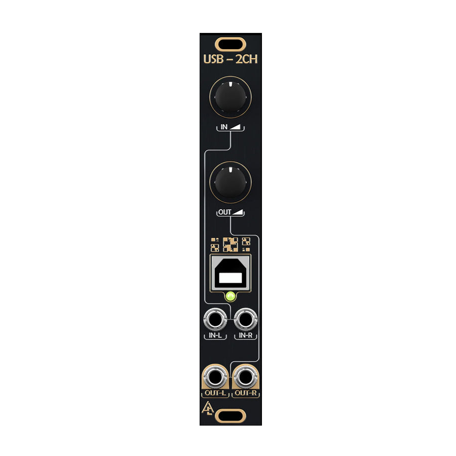 Black eurorack module with USB port, two knobs, and four 3.5mm audio jacks labeled for left and right inputs and outputs.