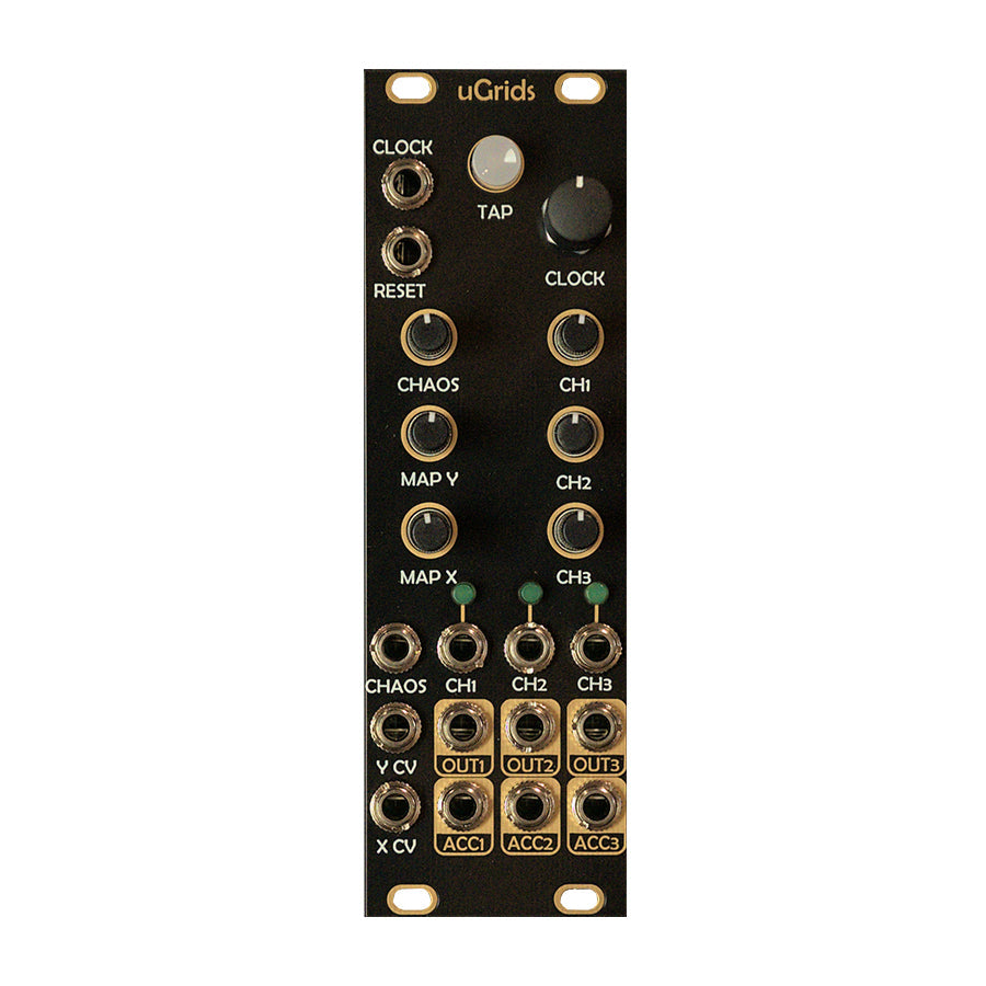 Black modular synthesizer panel with jack sockets, knobs, a tap button, and labeled controls.