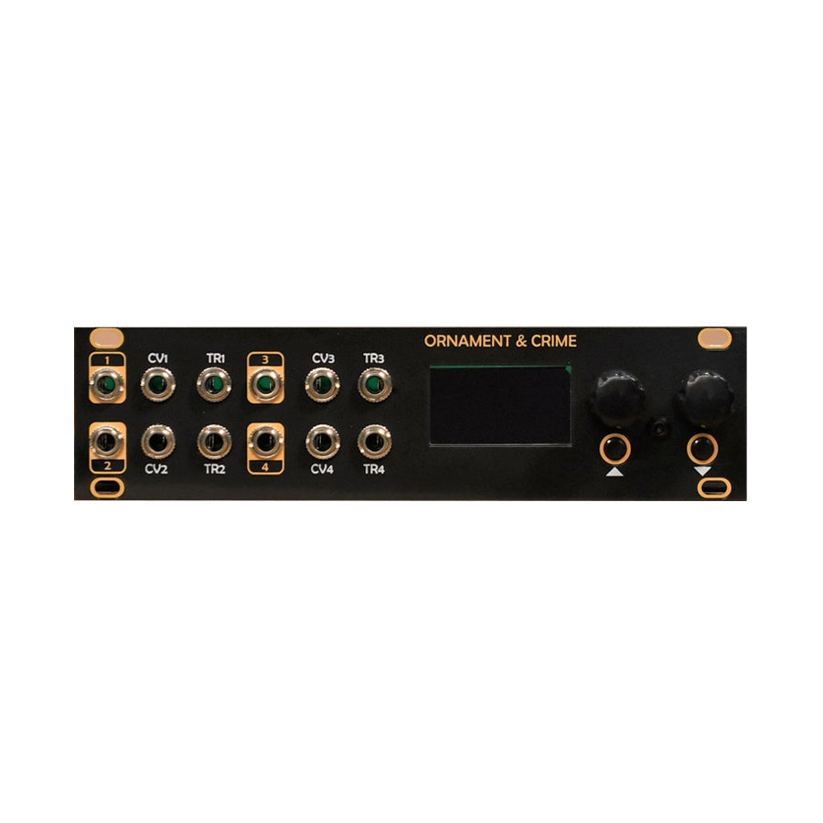 Black eurorack module with 8 jacks, 2 knobs, and a small display labeled ORNAMENT & CRIME