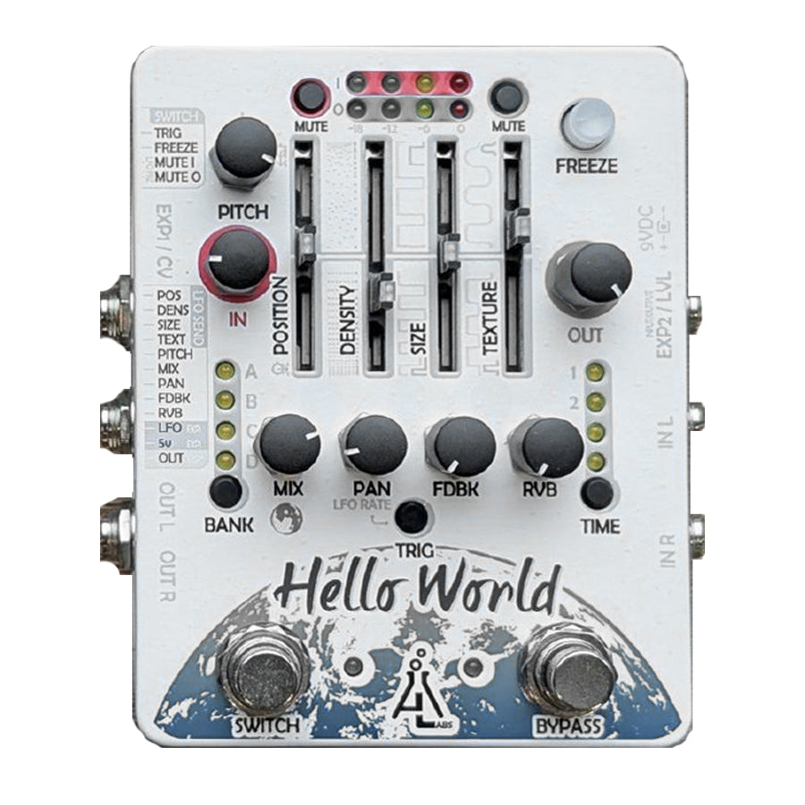 White audio effects pedal with multiple knobs, sliders, jacks, and two footswitches labeled Switch and Bypass.
