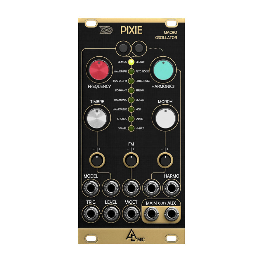 Front view of a black and gold Pixie macro oscillator Eurorack module with knobs, buttons, and multiple 3.5mm jacks.
