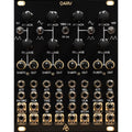 Black modular synthesizer panel with knobs, toggle switch, and multiple 3.5mm audio jacks labeled with attack, release, shape, and output.